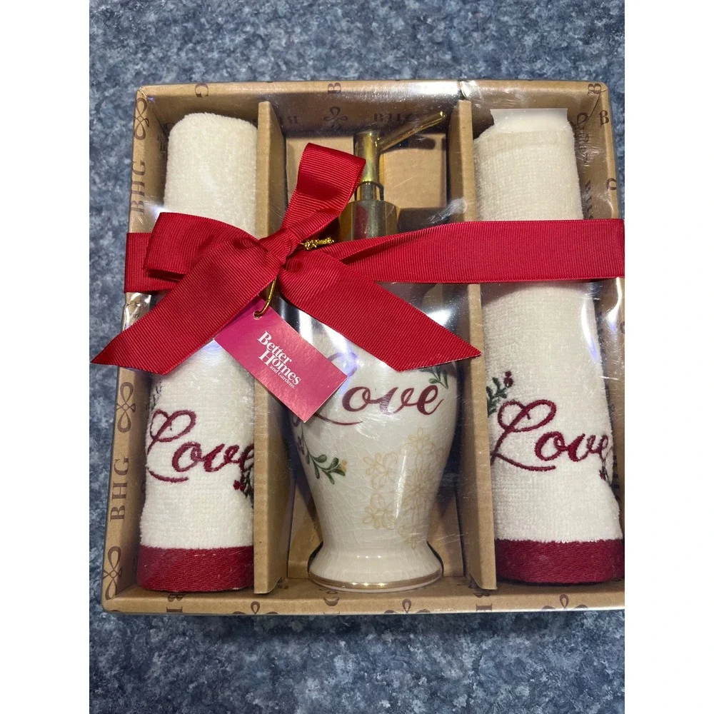 Better Homes and Gardens Love Soap Dispenser and Towel 3 Piece Gift Set